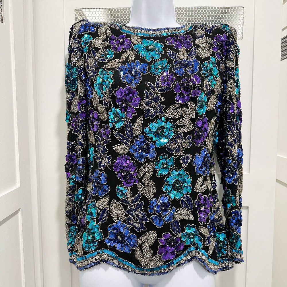 SOLD Vtg 80s Black Tie Oleg Classini Silk Beaded Top Black Floral Sequin Party